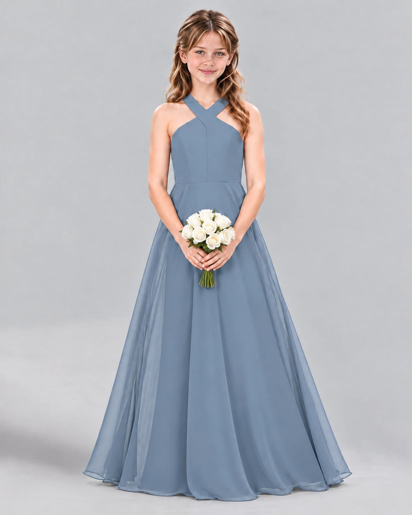 Dusty Blue A-line Junior Bridesmaid Dress Front