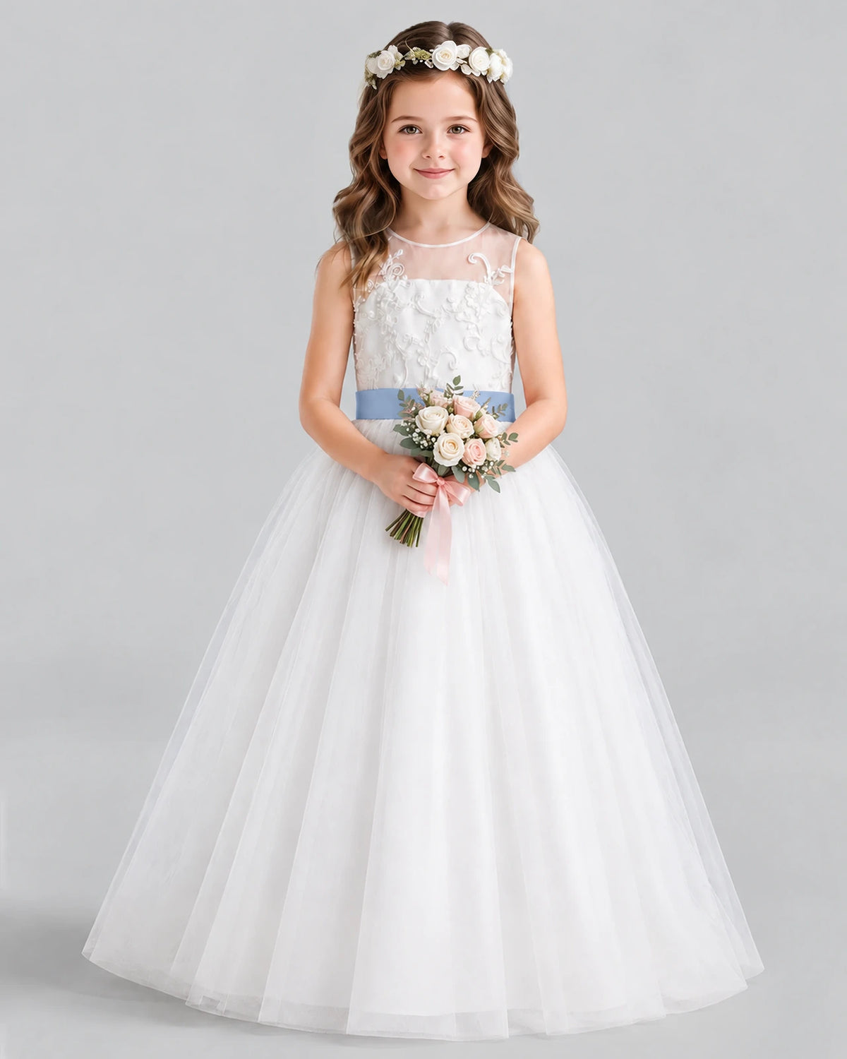 Dusty Blue Ball Gown Flower Girl Dress Front