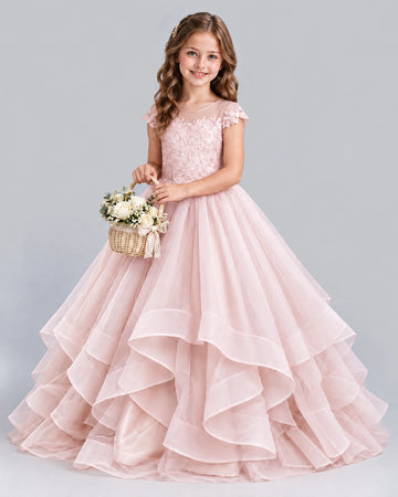 Dideyttawl Tulle Appliqué Girls Formal Dress for Piano Recital