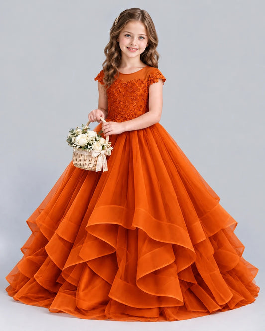 Burnt Orange Ball Gown Girls Formal Dress Front