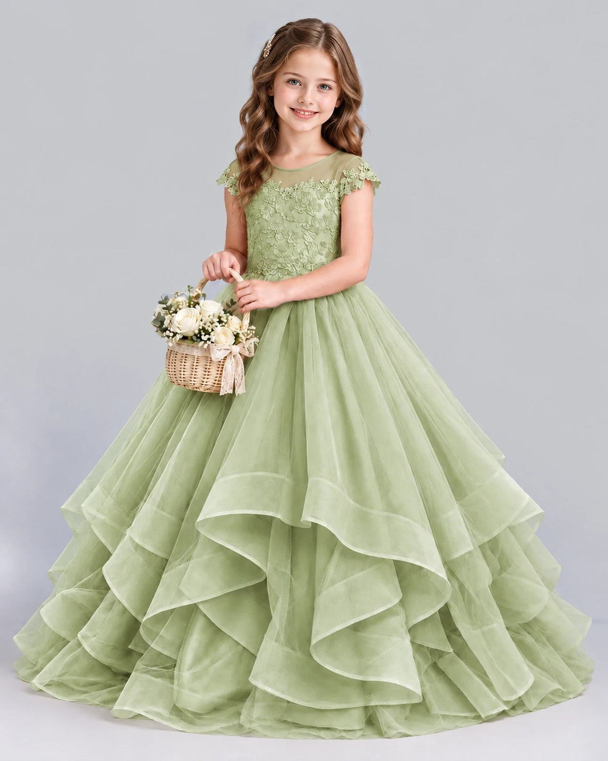 Sage Green Ball Gown Girls Formal Dress Front