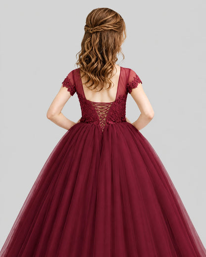 Burgundy Ball Gown Girls Pageant Dresses Back