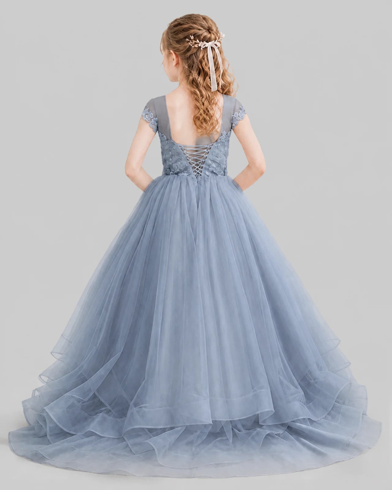 Dusty Blue Ball Gown Girls Pageant Dresses Front