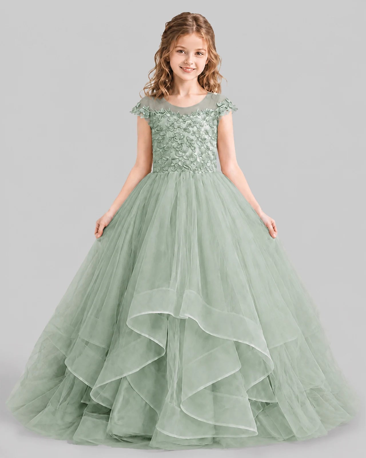Sage Green Ball Gown Girls Pageant Dresses Detail