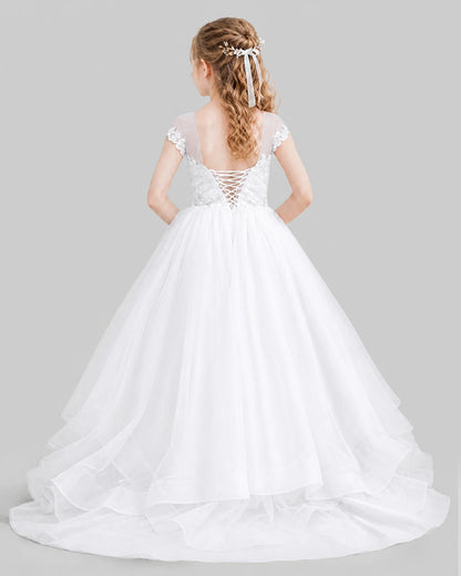White Ball Gown Girls Pageant Dresses Front