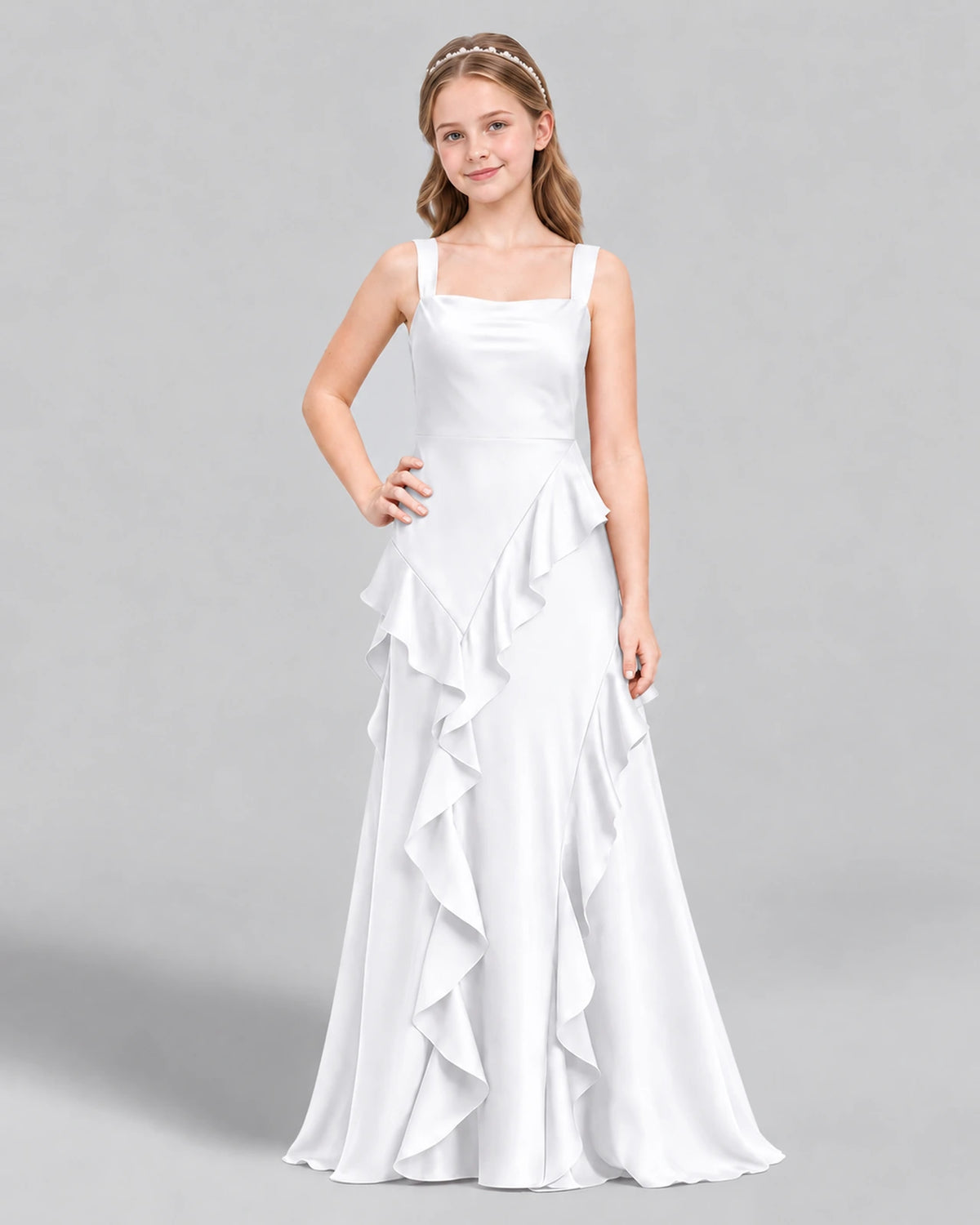 White A-line Junior Bridesmaid Dress Front
