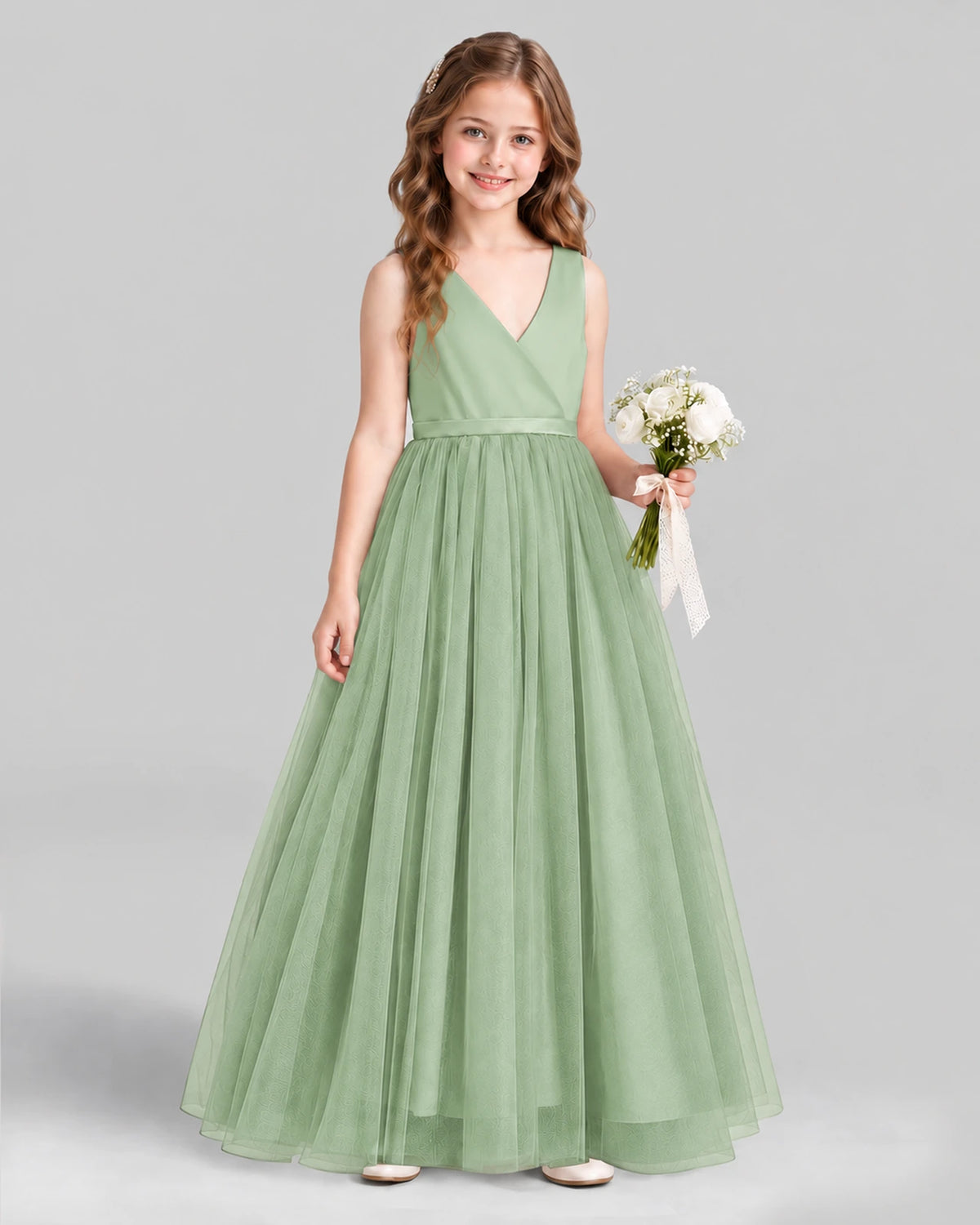 Sage Green Ball Gown Flower Girl Dress Front