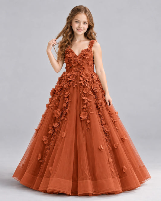 Burnt Orange Ball Gown Girls Formal Dress Front