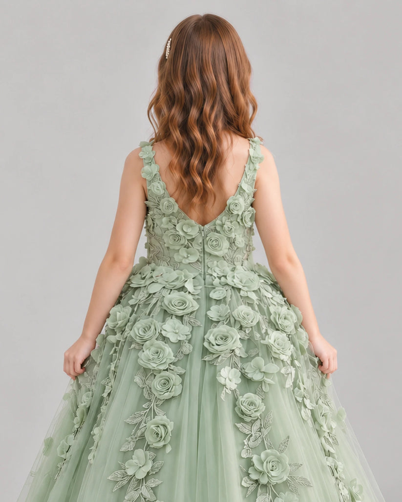 Sage Green Ball Gown Girls Formal Dress Back_Detail [Shared]