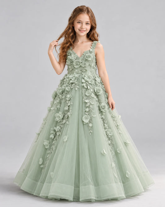 Sage Green Ball Gown Girls Formal Dress Front