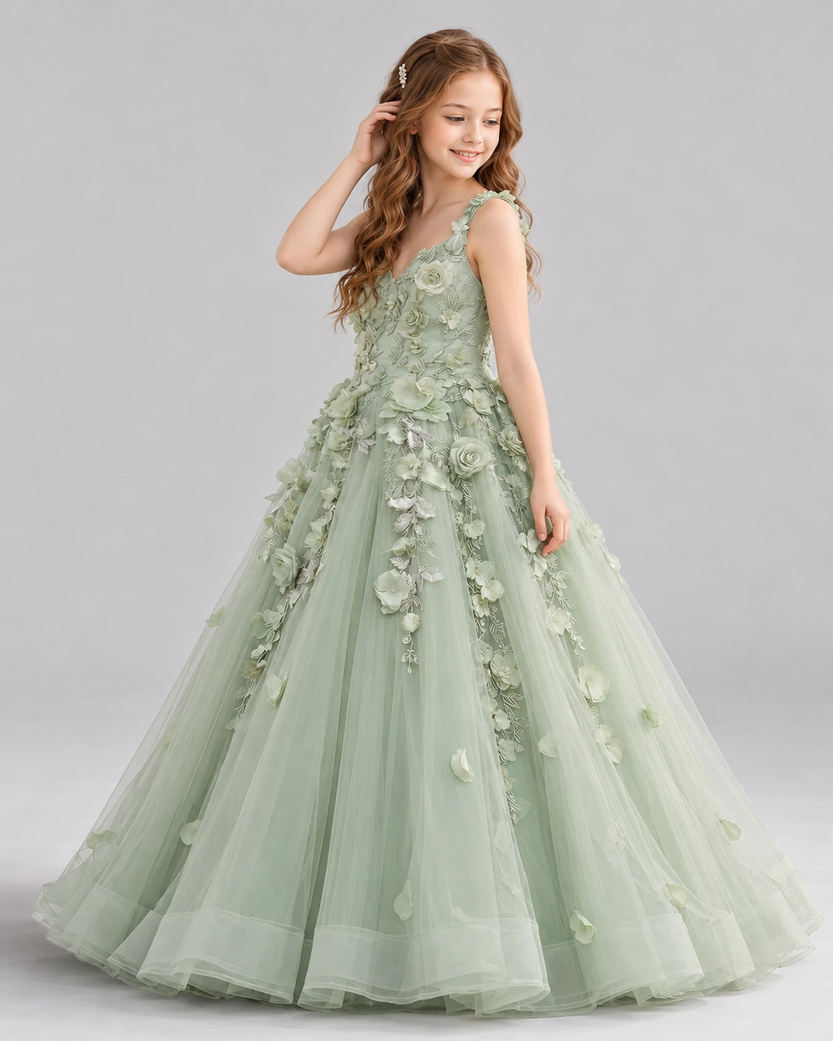 Sage Green Ball Gown Girls Formal Dress Side [Shared]