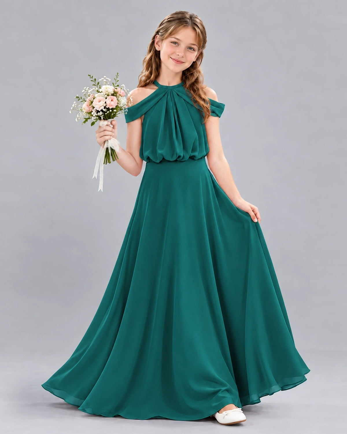 Peacock A-line Junior Bridesmaid Dress Front