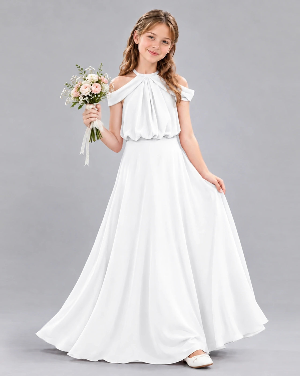 White A-line Junior Bridesmaid Dress Front