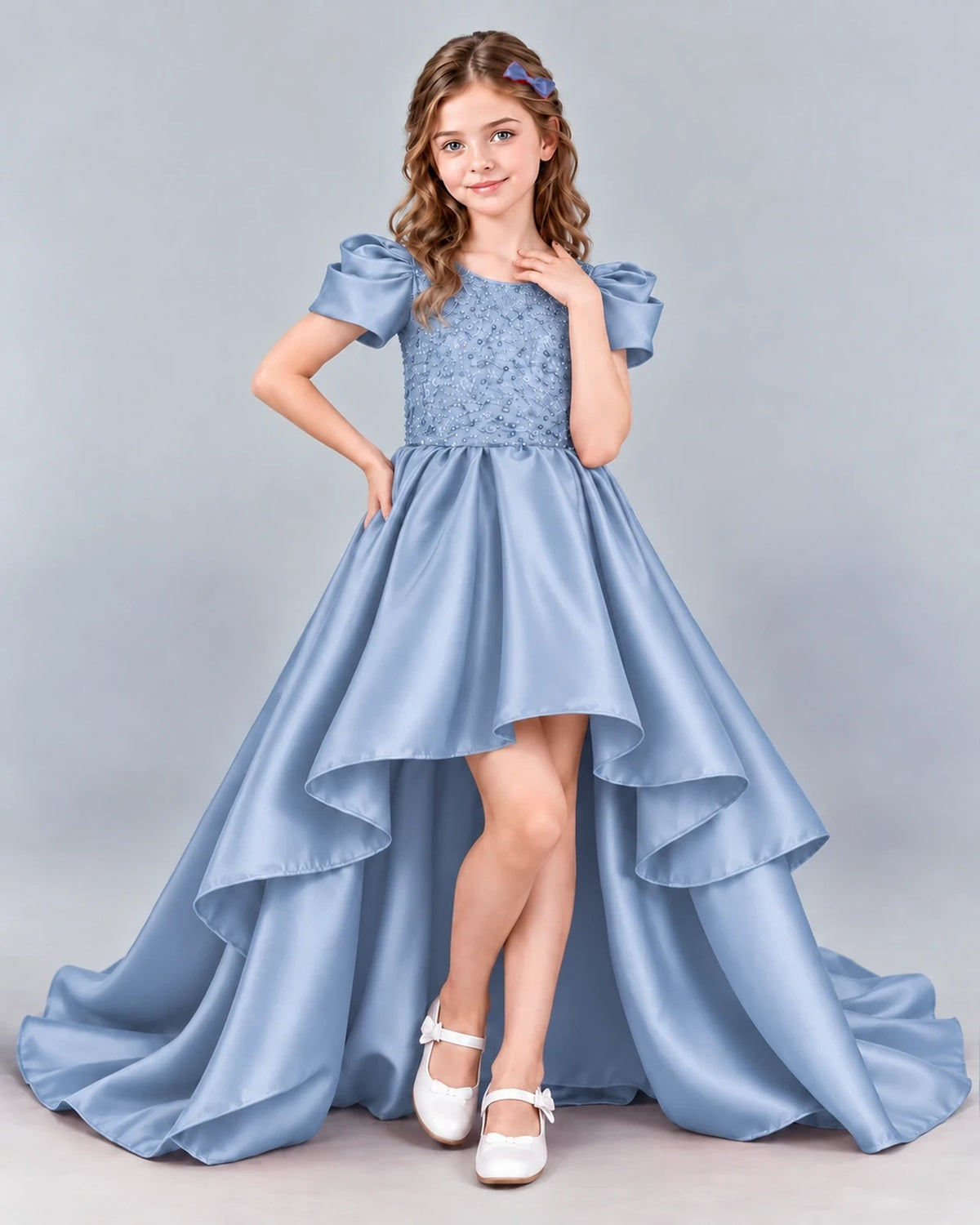 Dusty Blue Ball Gown Girls Formal Dress Front