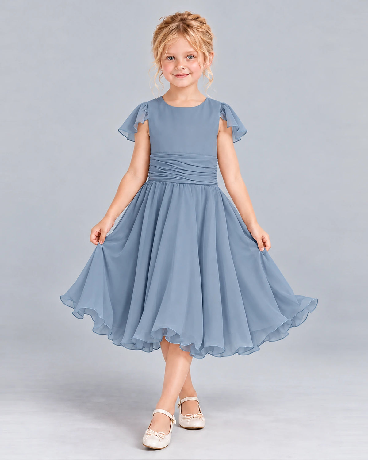 Dusty Blue A-line Junior Bridesmaid Dress Front
