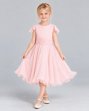 Dideyttawl Ruched Flutter Sleeve Junior Bridesmaid Dress for Weddings