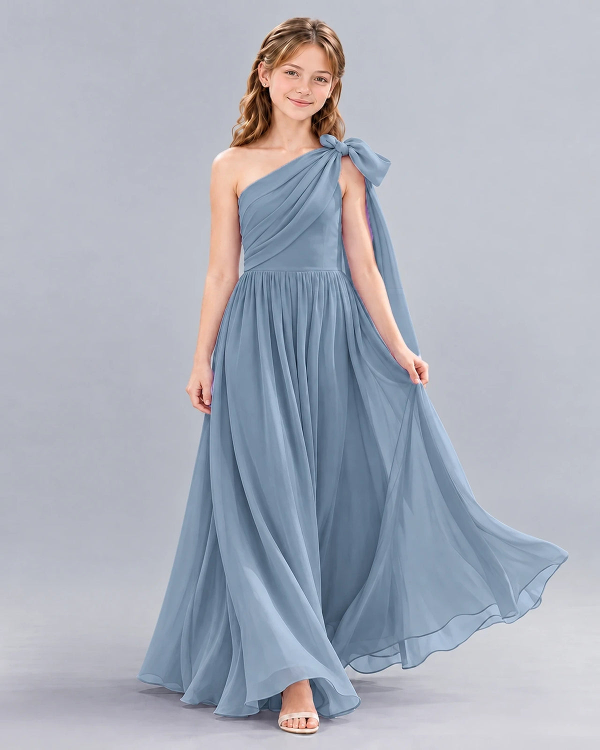 Dusty Blue A-line Junior Bridesmaid Dress Front
