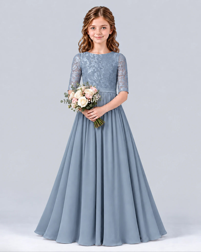 Dusty Blue A-line Junior Bridesmaid Dress Front