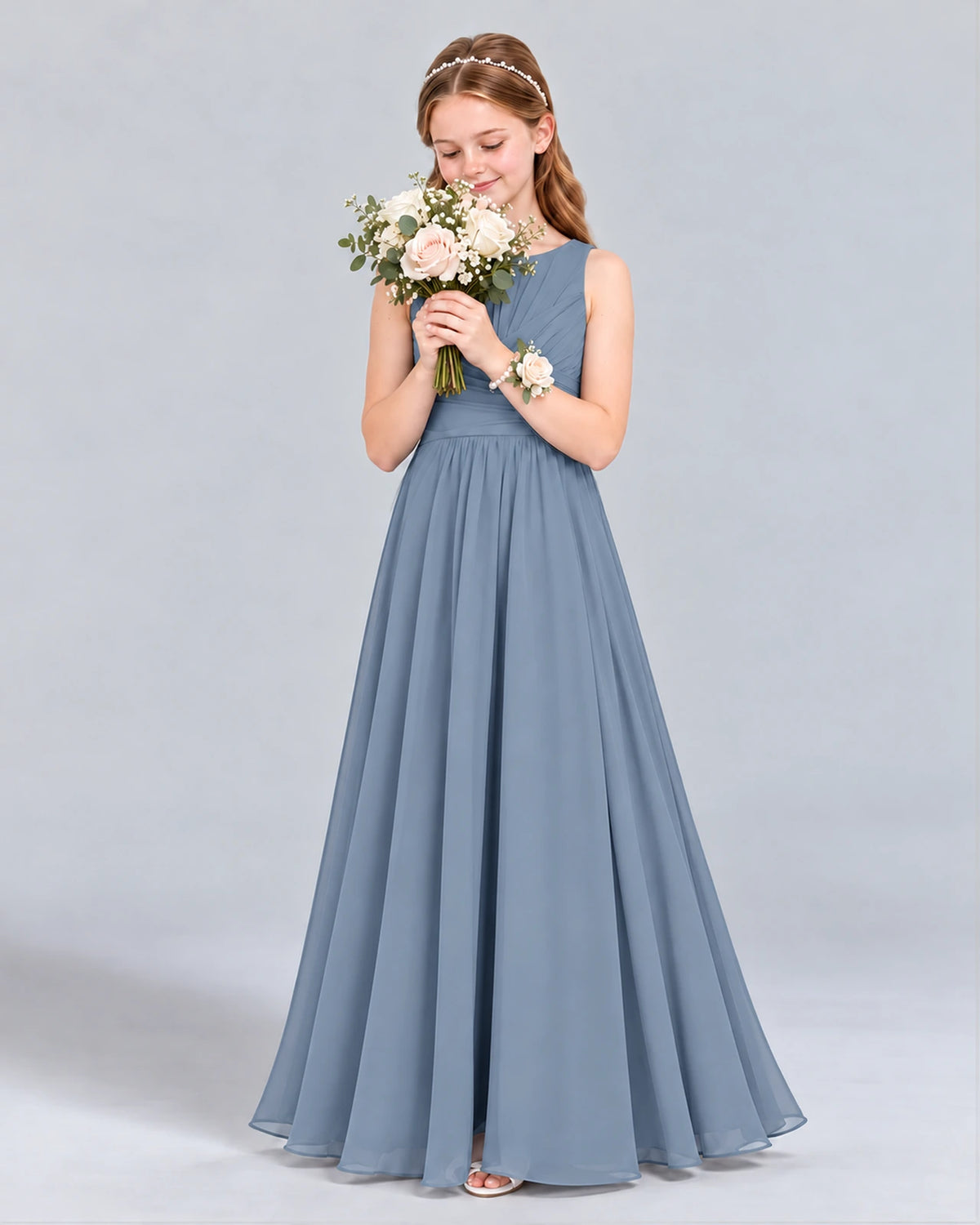 Dusty Blue A-line Junior Bridesmaid Dress Front