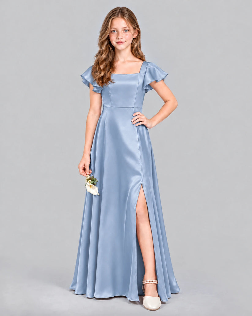 Dusty Blue A-line Junior Bridesmaid Dress Front