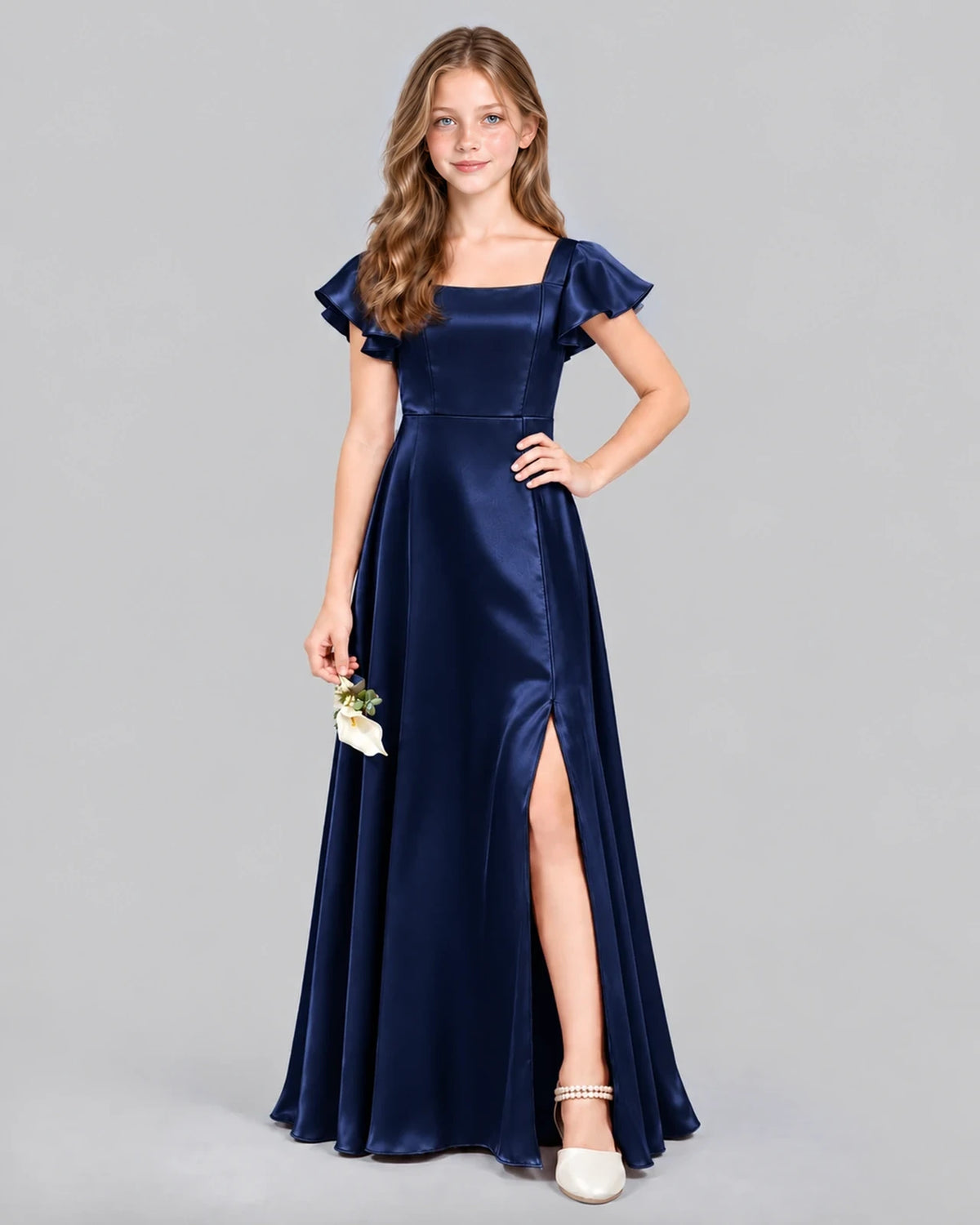 Navy Blue A-line Junior Bridesmaid Dress Front