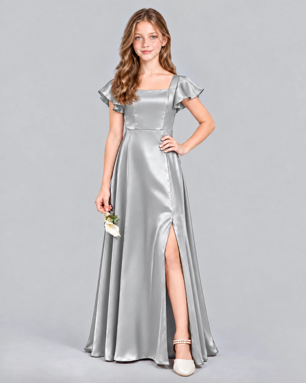 Silver A-line Junior Bridesmaid Dress Front