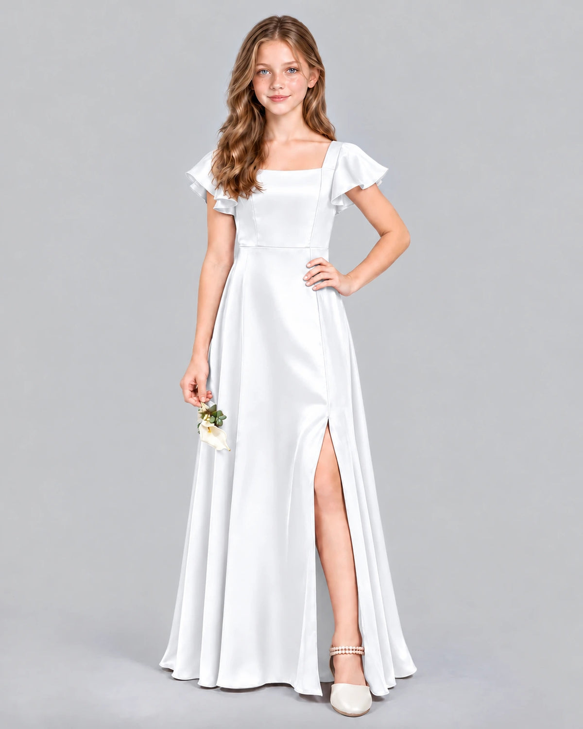 White A-line Junior Bridesmaid Dress Front