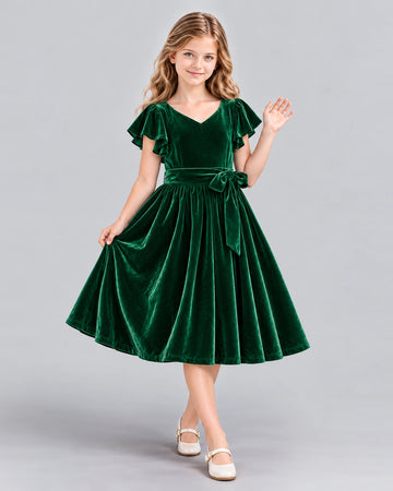 Dideyttawl Flutter Sleeves Bow Girls Formal Dress for Piano Recital
