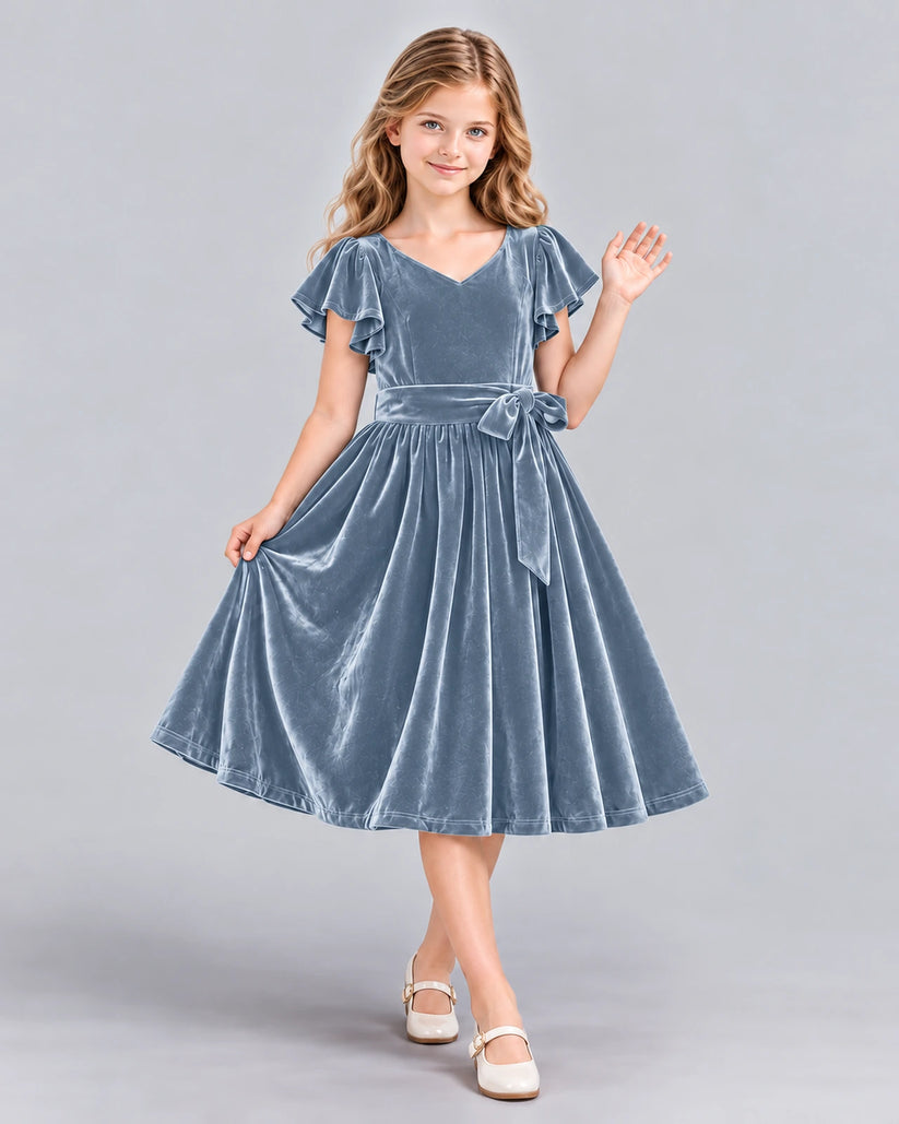 Dusty Blue A-line Girls Formal Dress Front