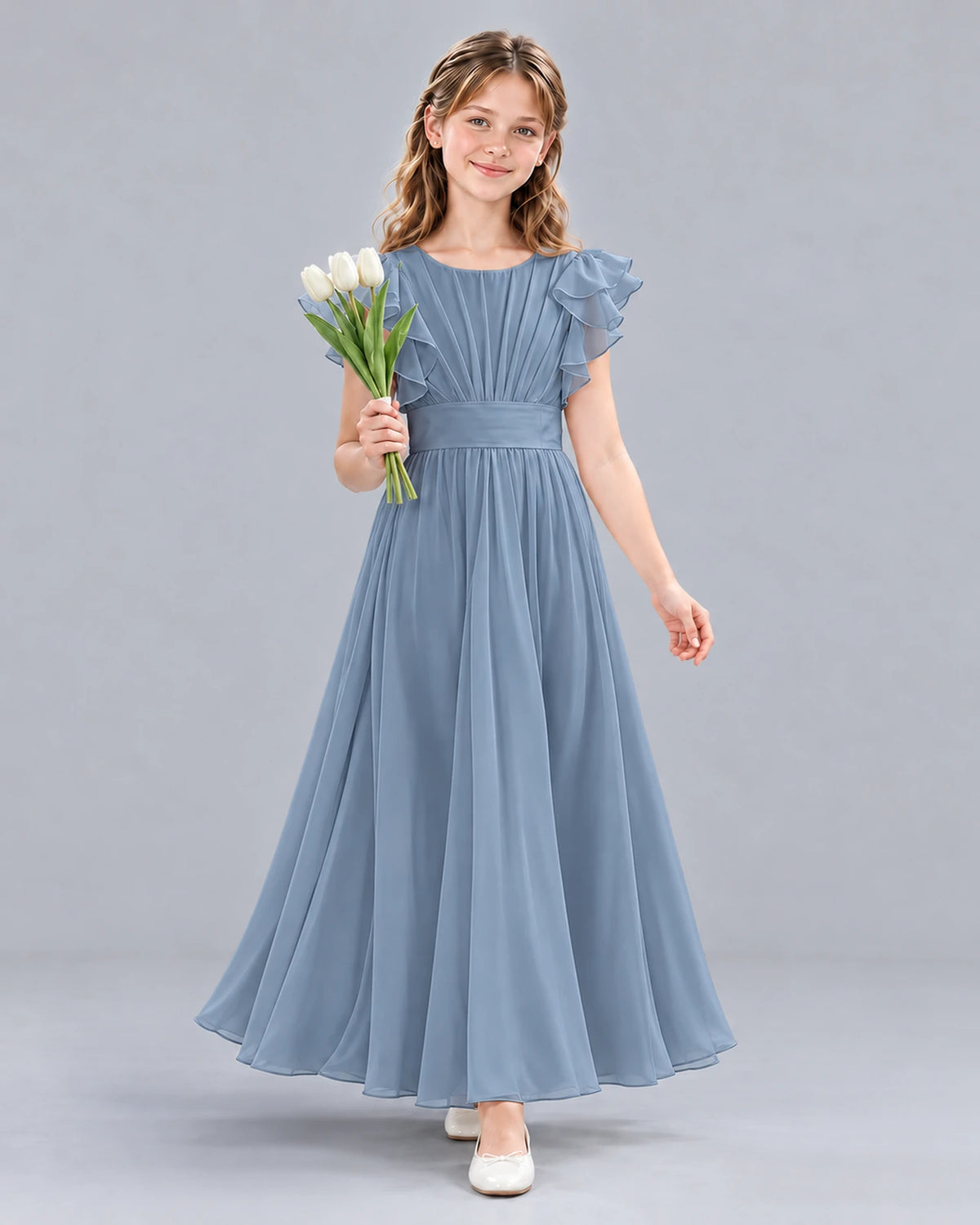 Dusty Blue A-line Junior Bridesmaid Dress Front