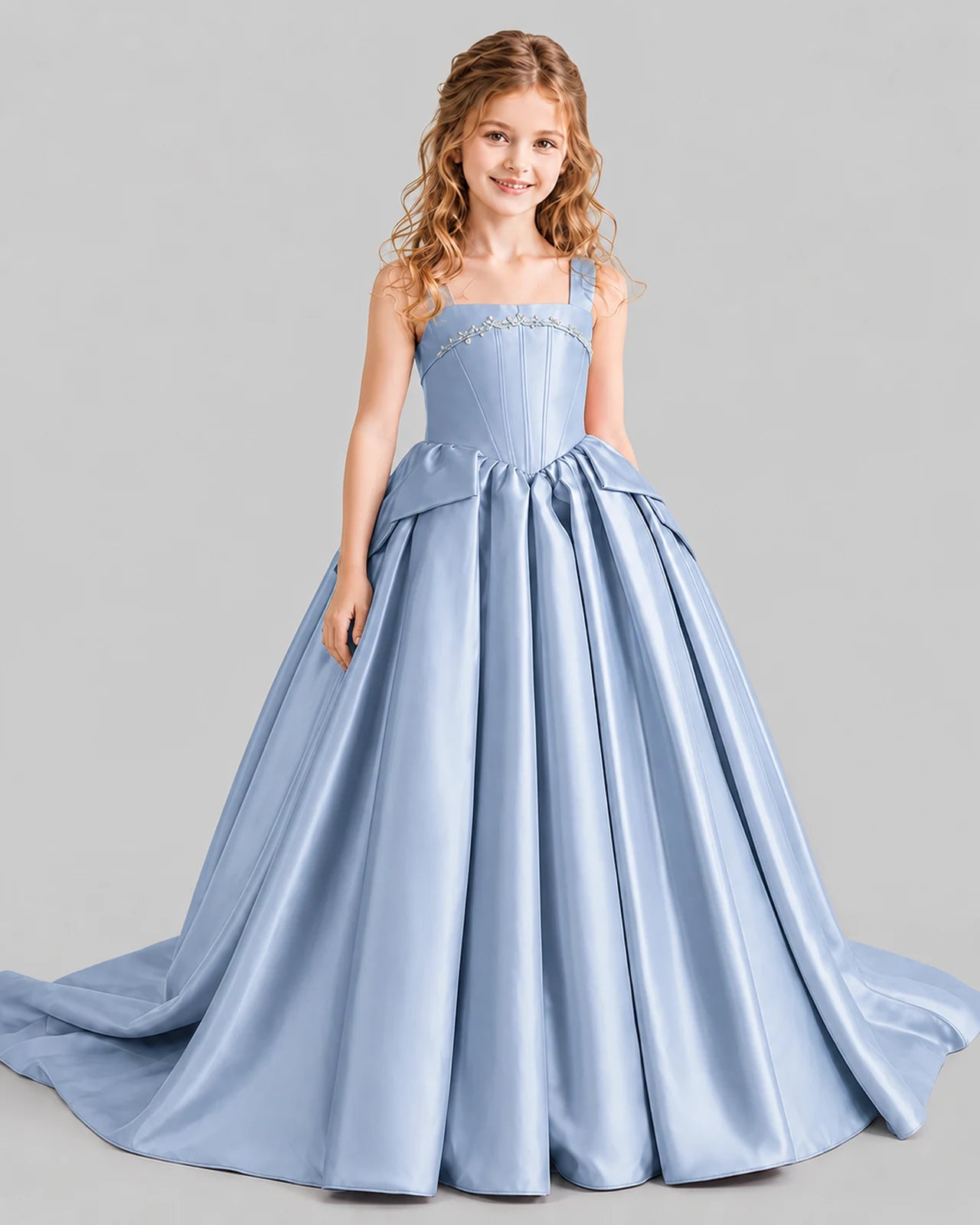 Dusty Blue Ball Gown Girls Pageant Dresses Front