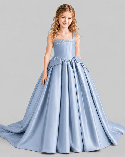 Dusty Blue Ball Gown Girls Pageant Dresses Front