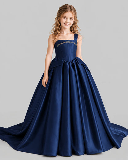 Navy Blue Ball Gown Girls Pageant Dresses Front