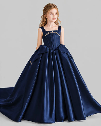Navy Blue Ball Gown Girls Pageant Dresses Side