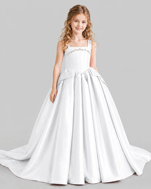 White Ball Gown Girls Pageant Dresses Front