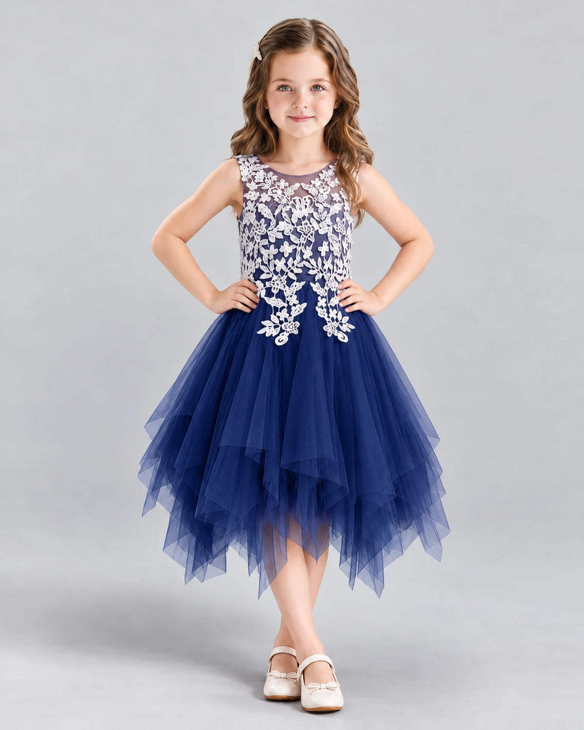 Navy Blue A-line Girls Formal Dress Front