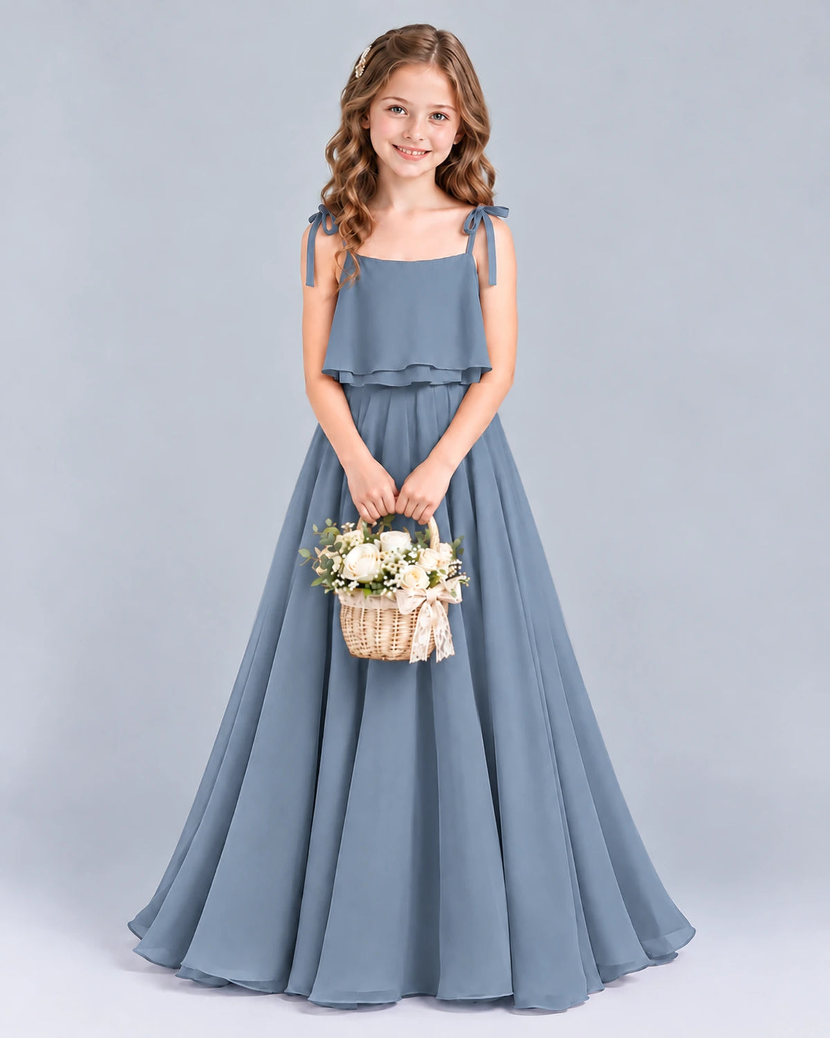 Dusty Blue A-line Junior Bridesmaid Dress Front