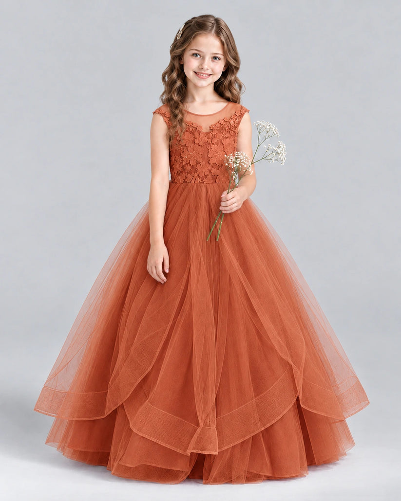 Burnt Orange Ball Gown Girls Formal Dress Front