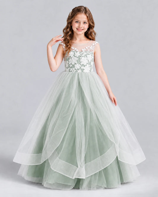 Sage Green Ball Gown Girls Formal Dress Front