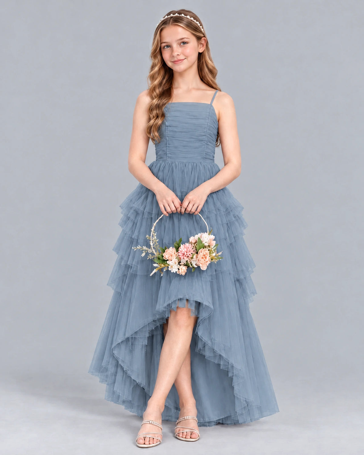 Dusty Blue A-line Junior Bridesmaid Dress Front