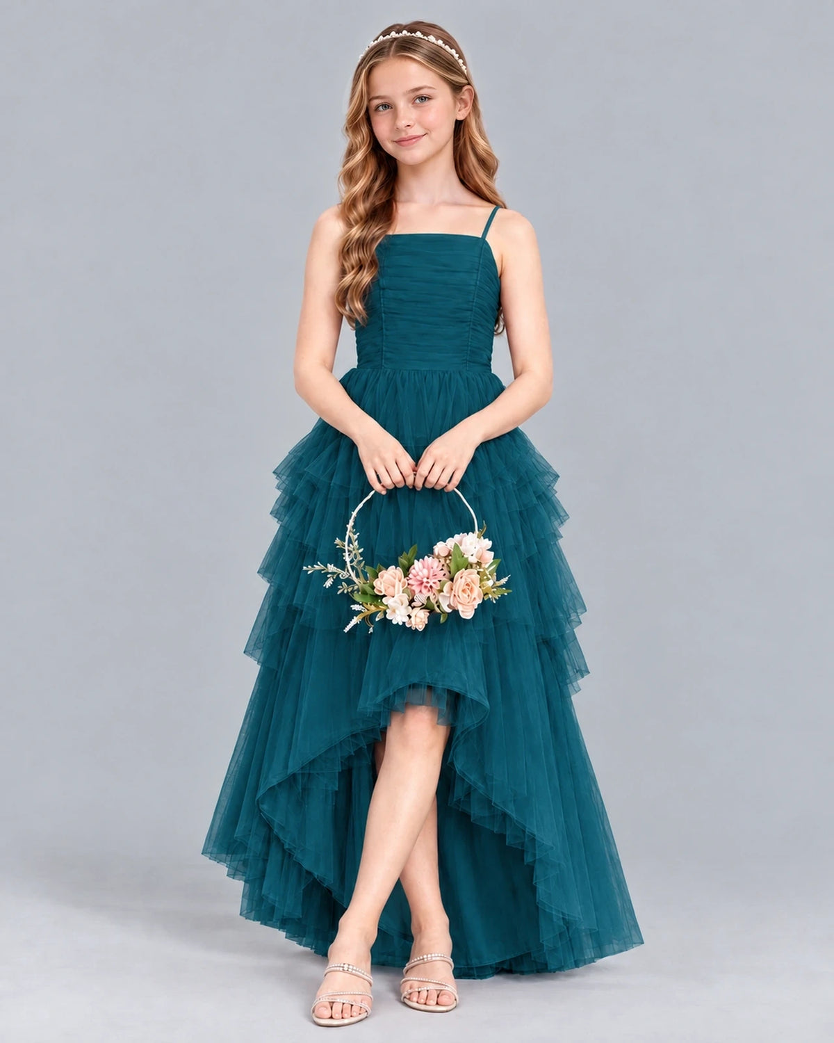 Teal A-line Junior Bridesmaid Dress Front