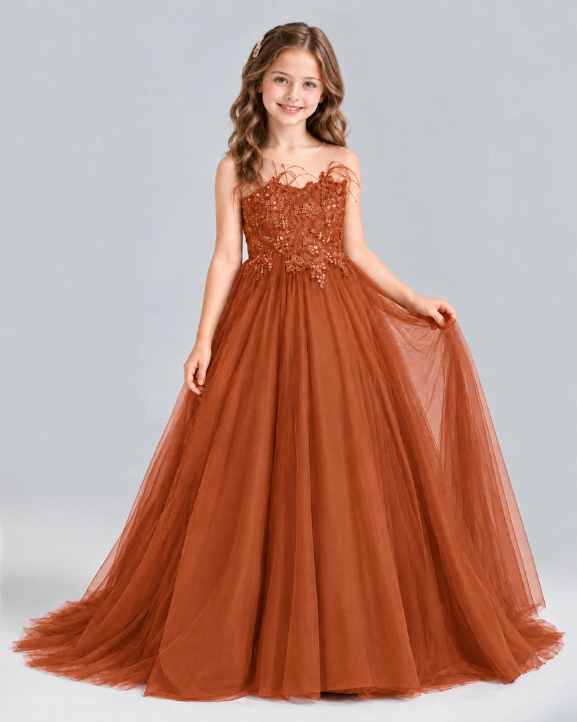 Burnt Orange Ball Gown Girls Formal Dress Front