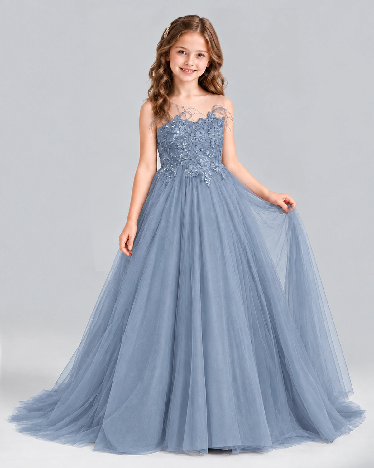 Dusty Blue Ball Gown Girls Formal Dress Front
