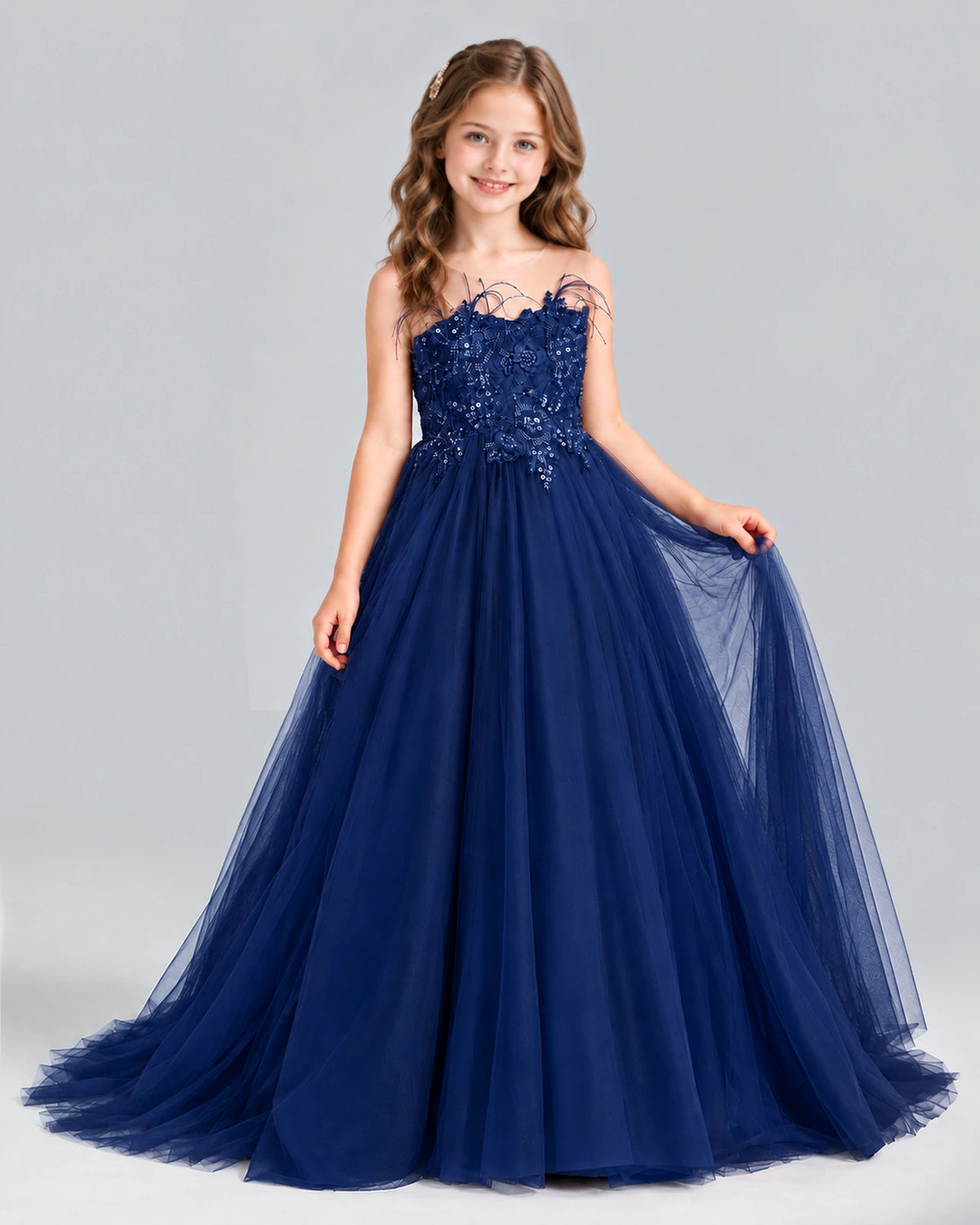 Navy Blue Ball Gown Girls Formal Dress Front