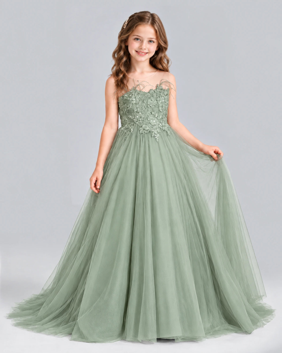 Sage Green Ball Gown Girls Formal Dress Front