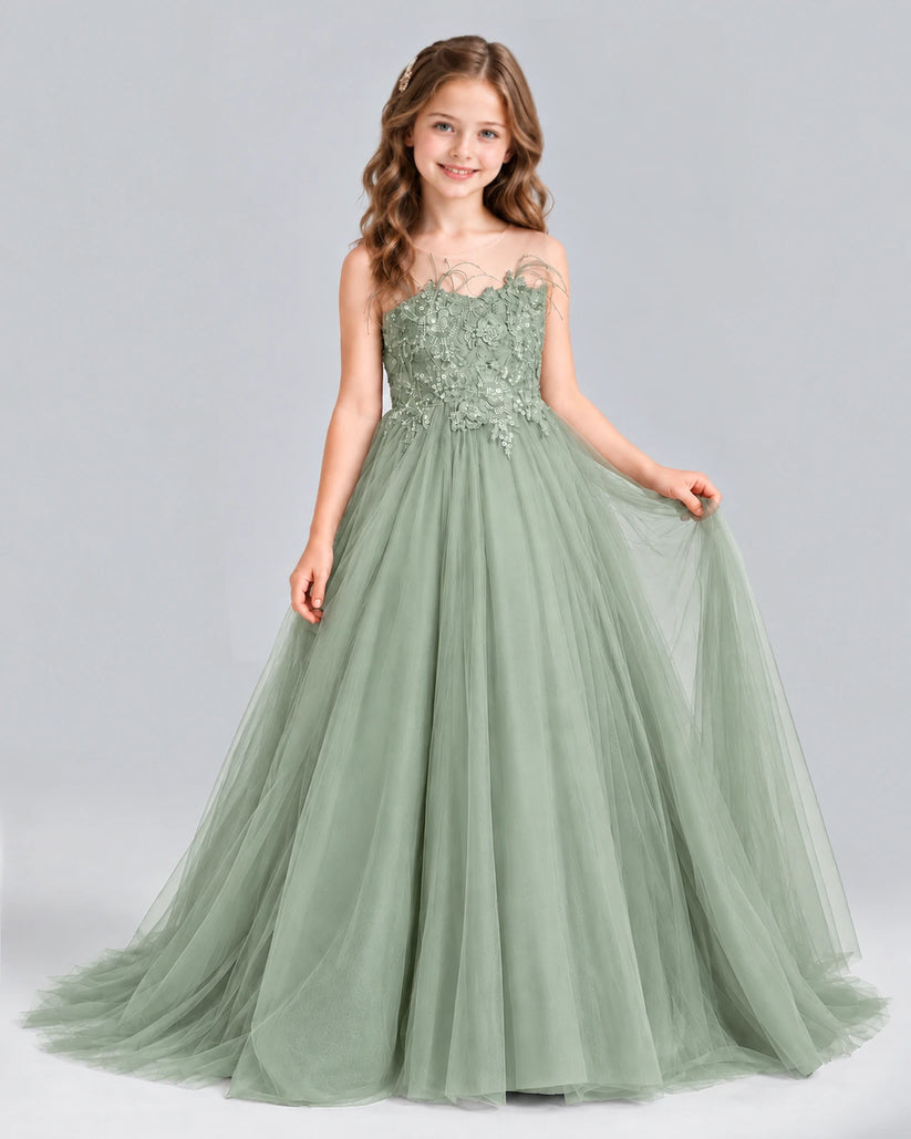 Sage Green Ball Gown Girls Formal Dress Front
