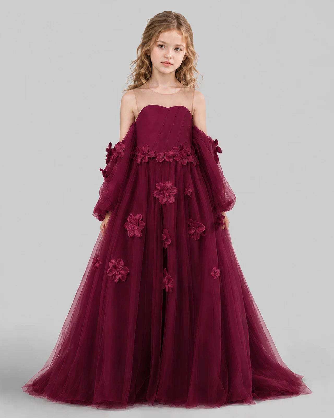 Burgundy A-line Girls Pageant Dresses Front
