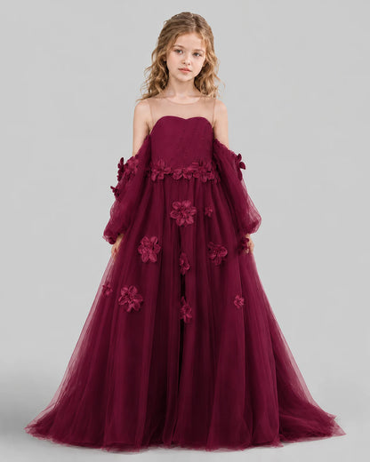 Burgundy A-line Girls Pageant Dresses Front