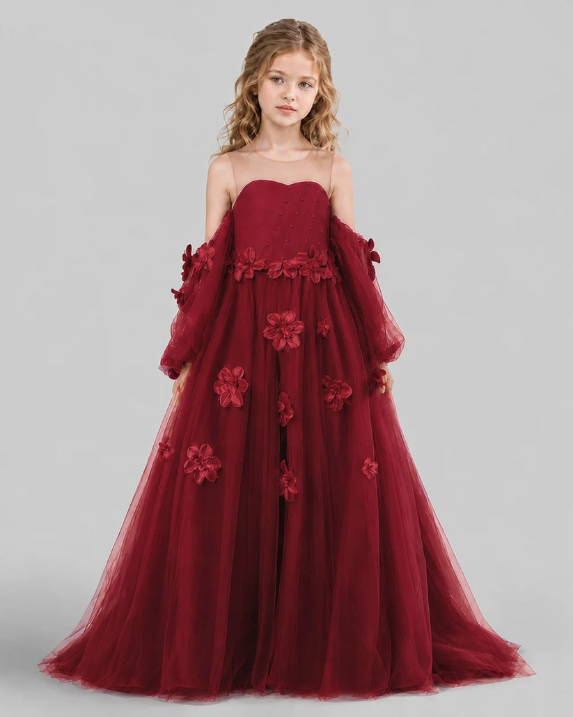 Burgundy A-line Girls Pageant Dresses Front