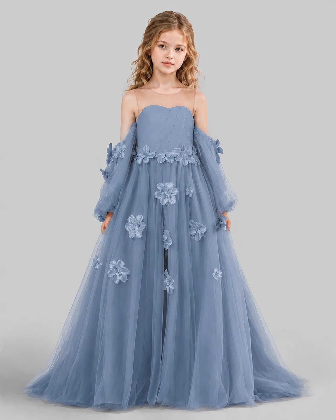 Dusty Blue A-line Girls Pageant Dresses Front